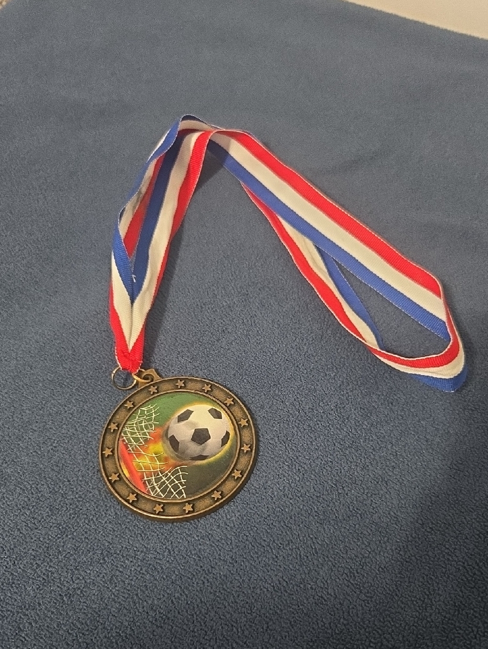 Soccer Medal with Red, White & Blue Ribbon